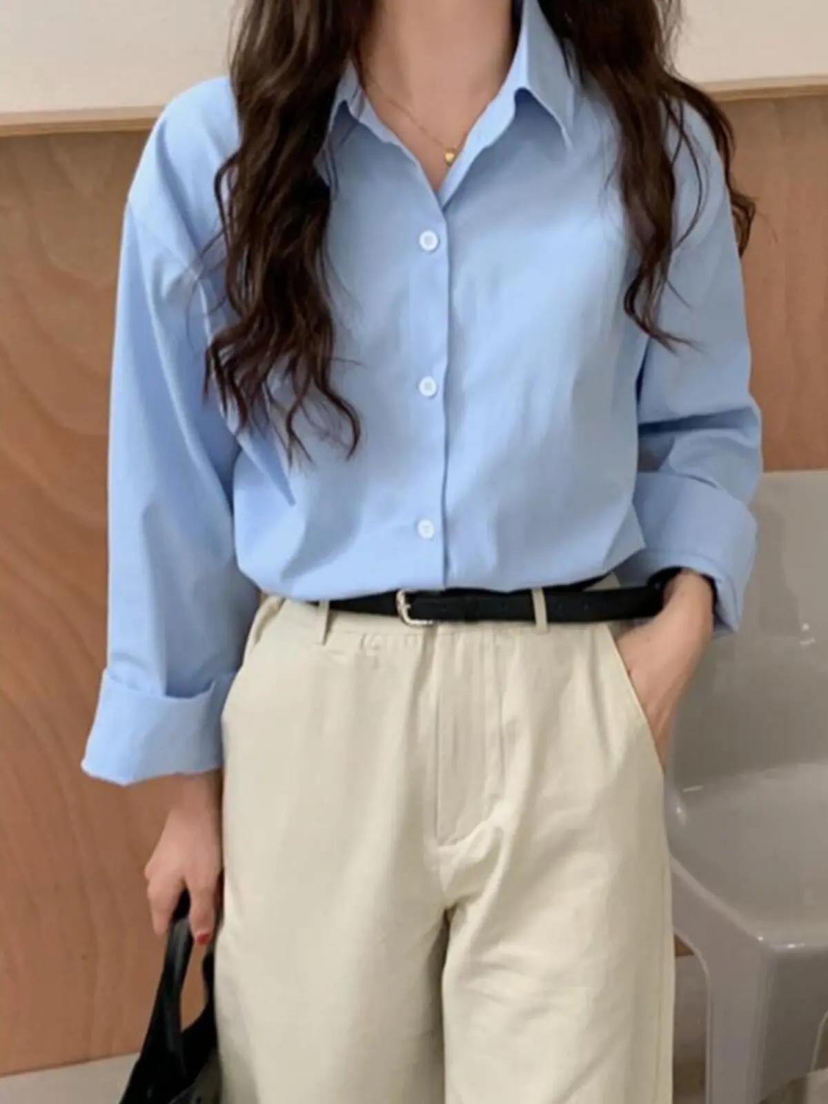 

Blue Long Sleeve Shirt Women's Fashionable Elegant Style Spring 2026 Breathable Comfortable Korean Version Casual Outerwear