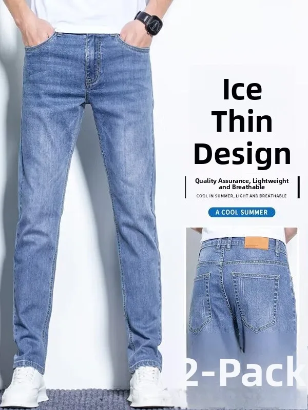 New Men's Slim Straight Soft Jeans Breathable Casual Cotton Stretch Denim Pants Youth Trendy Wear Resistant Summer Long Trousers
