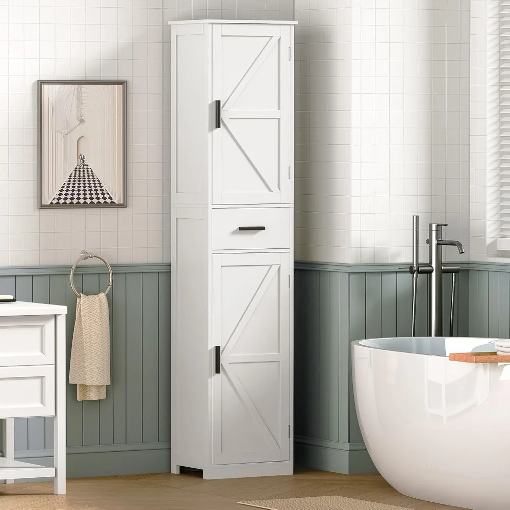 

Tall Bathroom Cabinet w/6 Shelves & Drawe, Bathroom Storage Cabinet with Adjustable Shelves, Tall Cabinet for Living Room