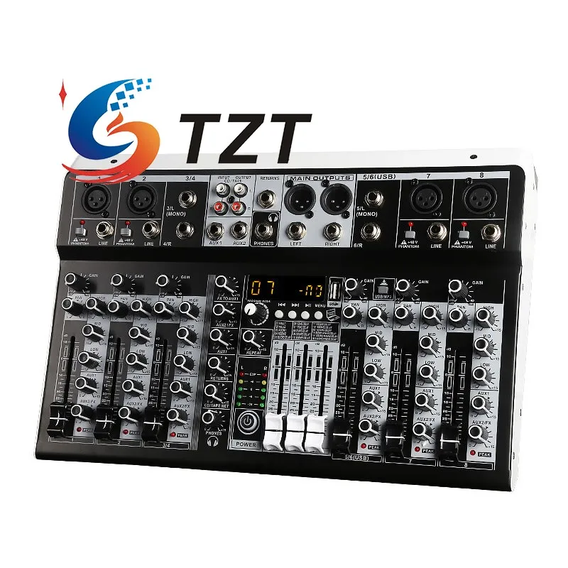 TZT KP6 Professional 6-Channel/KP8 8-Channel Multifunctional Audio Mixer Built-in 16 Digital Effector 48V Phantom Power Supply