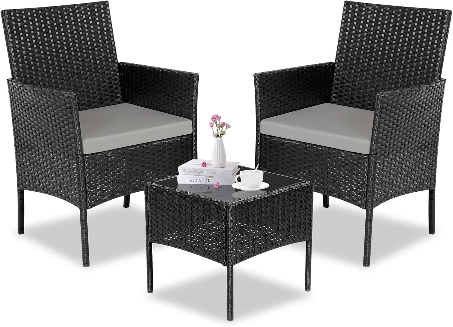 Patio Furniture Set 3 Pieces All-Weather Rattan Outdoor Furniture Patio Chairs with Tempered Glass Table