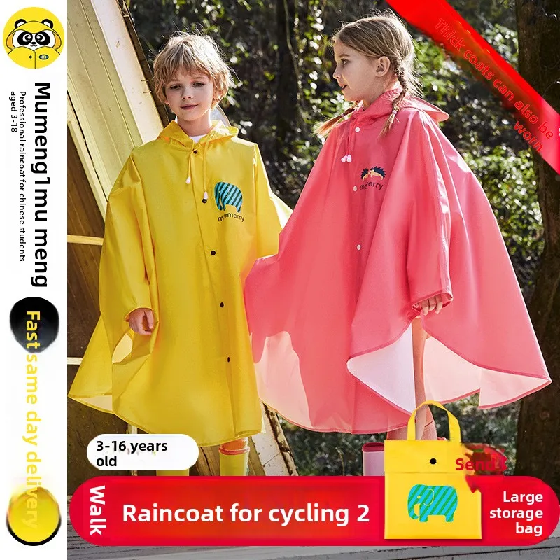 

Korean Kids Rain Poncho with Backpack Slot - Waterproof Windproof Hooded Cape for School Cycling Hiking, Boys Girls Unisex 2pcs