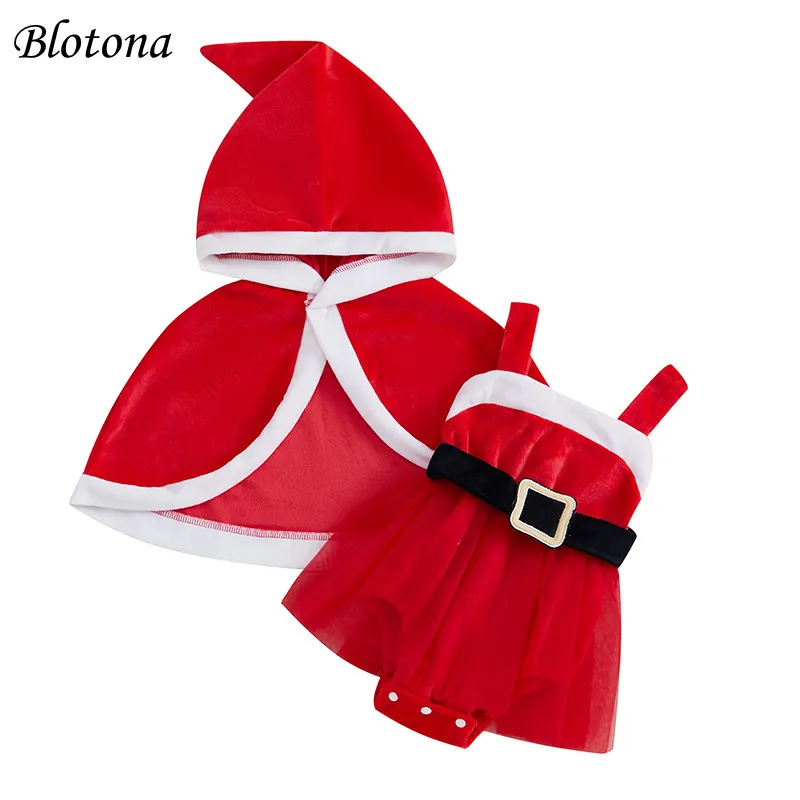 Blotona Baby Girls Christmas Set Santa Claus Belt Sleeveless A-Line Guaze Romper Dress Hooded Cloak Outfits