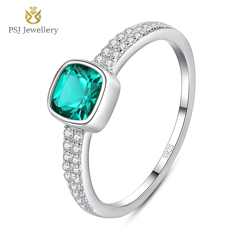 

PSJ Fashion Jewelry Rhodium Plated Emerald Gemstone Promise Solitaire 925 Sterling Silver Rings for Women