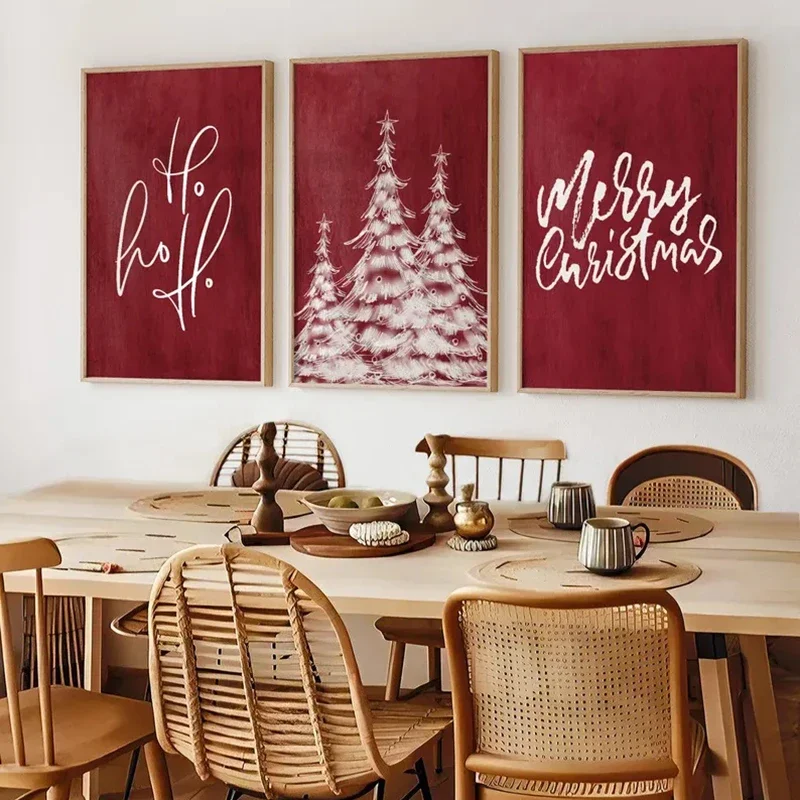 3PCS Large-sized frameless canvas paintings,Christmas Prints, Christmas Art, Merry Christmas Art, 3 Piece Wall Art, Red Christma