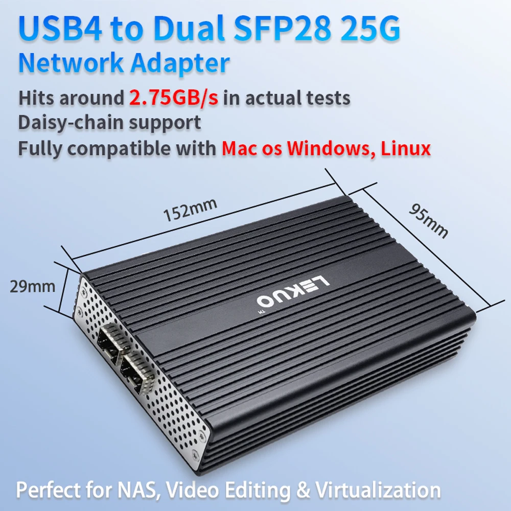 USB4 to Dual 25G SFP28 Network Adapter 40Gbps Compatible Thunderbolt 5 3 4, Aluminum Case for Mac Win11 Linux 4K Video Editing