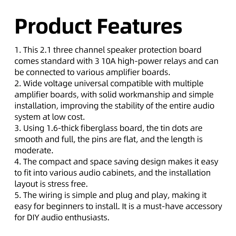 2.1-Kanal-Hochleistungs-10A-Relais-Audioverstärkermodul, Lautsprecherschutzplatine, kompakte DIY-Subwoofer-Reparaturplatine – Detail 8