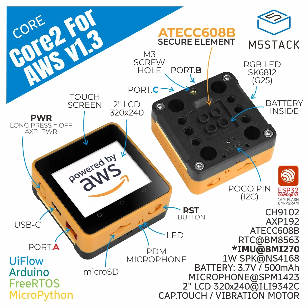 M5Stack Core2 For AWS v1.3 IoT Learning and Security Project