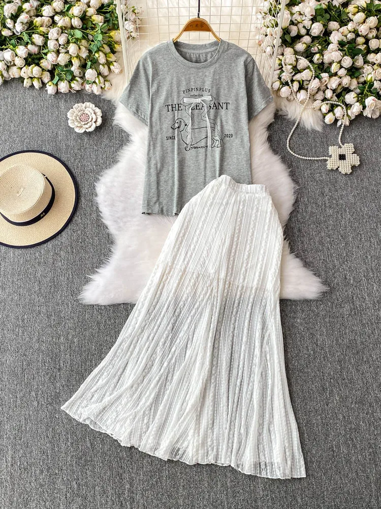 

Adorable Dog Print Knitted round Ne T-irt High Waist Lace Skirt Set Non-Repeating Faionable Summer Outfit for Women