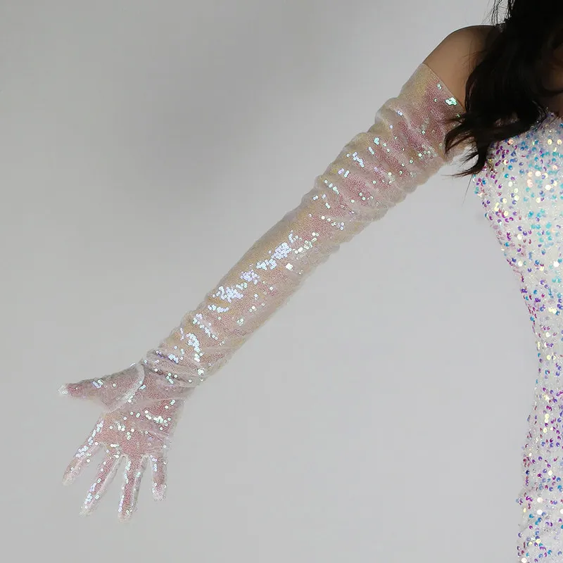 70 cm lange Pailletten-Handschuhe für Damen, Tüll-Spitzen-Mesh, halbtransparent, weiß, technisches Silber, grün, elegante Armstulpen, sexy, leicht – Detail 13