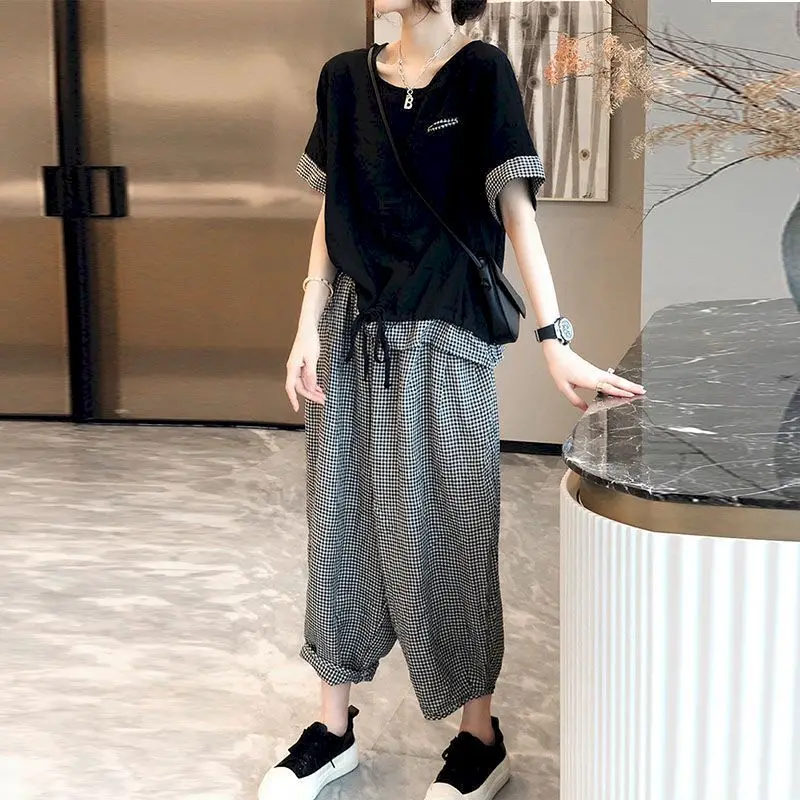 

Fashion Cotton Linen Suits Women 2024 Summer Plaid Splicing Short-sleeved Casual T-shirt Loose Wide-leg Pants Linen 2 Piece Sets