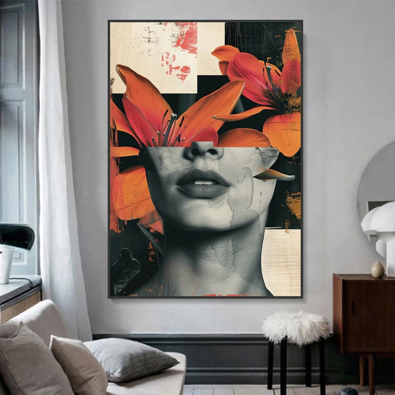 Modern Abstract Orange Lily Woman Print Canvas Painting,Flower Head Woman Poster Wall Art,For Living Room Bedroom Decor,No Frame