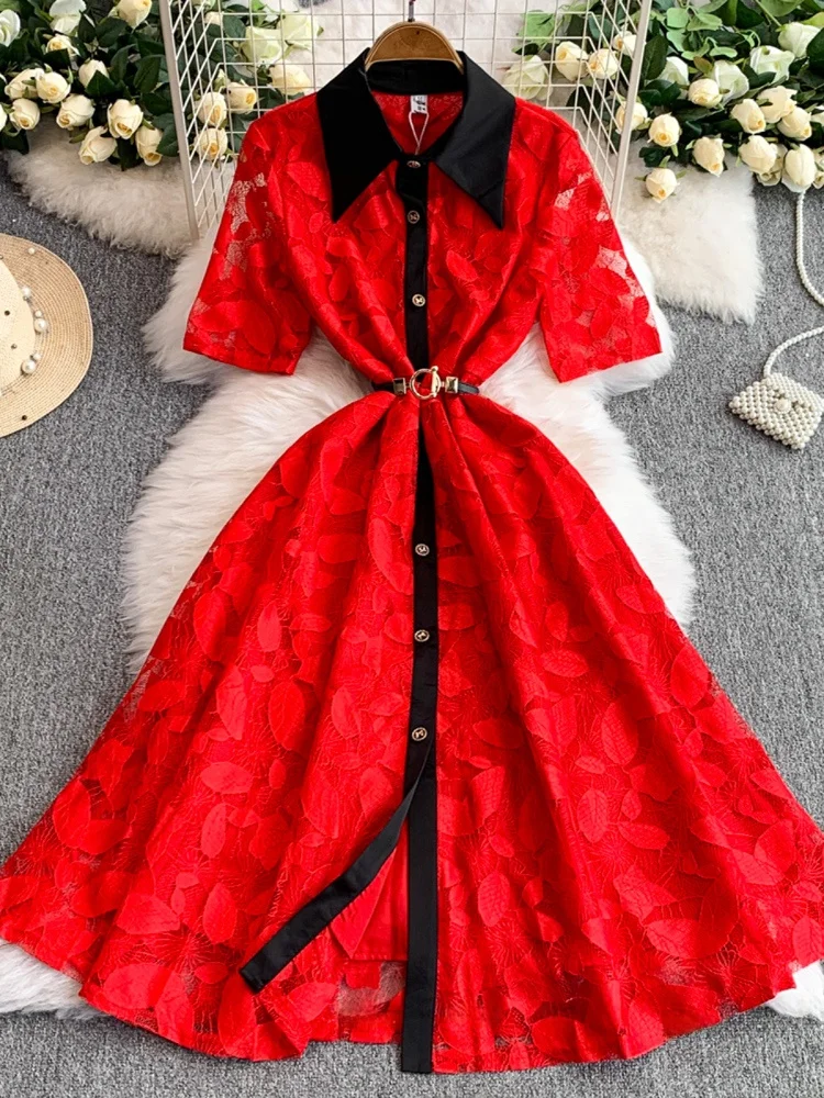 Vestido E de Renda com Cintura Alta, Estilo A-Line, Com Botão Único, Vestido Longo Slimming, Estilo Coreano, Vestido d...