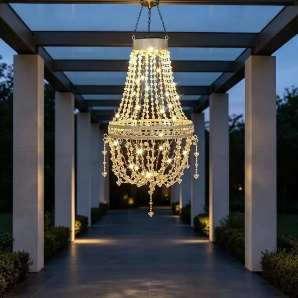 Waterproof Solar Hanging Lantern Crystal Acrylic Modern Design Outdoor Pendant Light Simulated Bead Accents Cool White