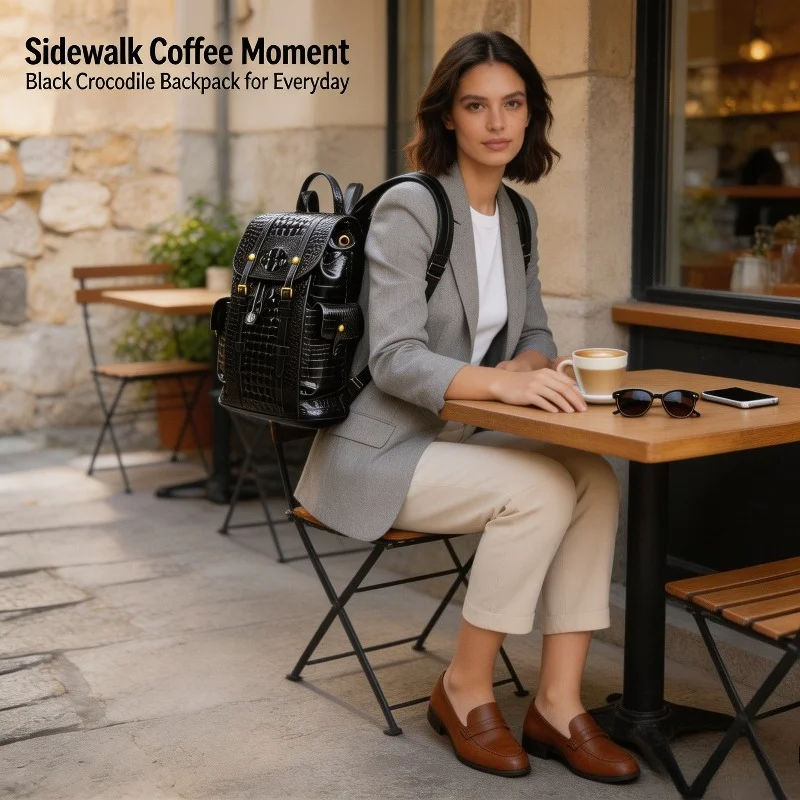 Women Crocodile Embossed Drawstring Backpack Faux Leather Glossy Surface Metal Buckle Multi Pockets Casual Travel Rucksack