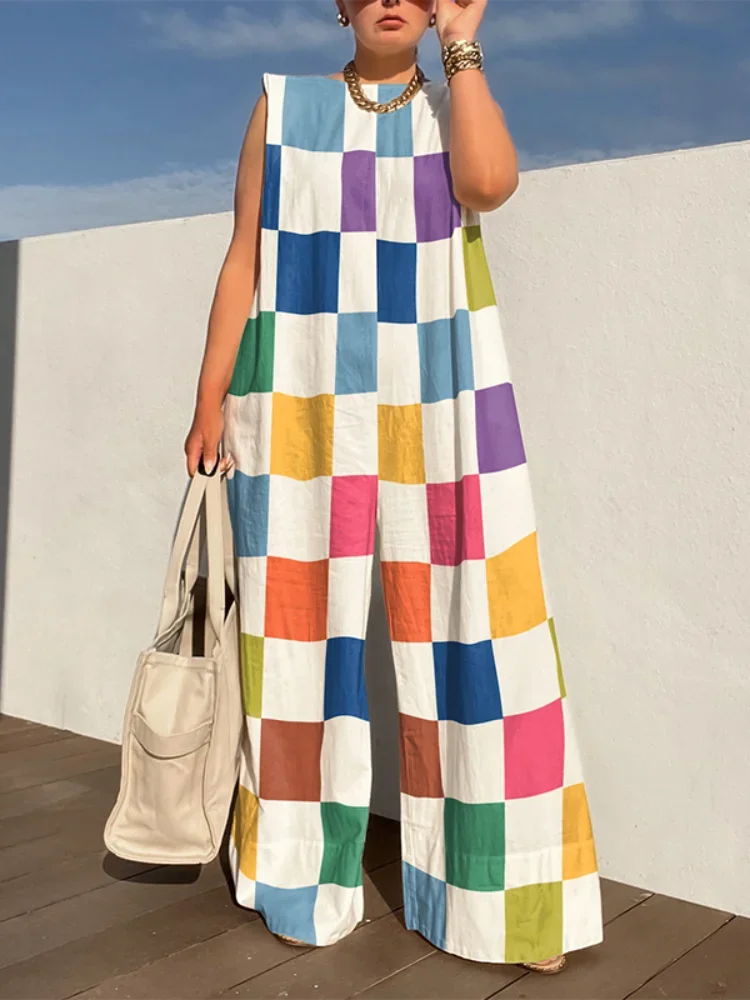 Women Fashion Color Block Plaid Sleeveless Wide Leg Jumpsuit Round Neck Loose Casual Vacation Romper With Shoulder Pad