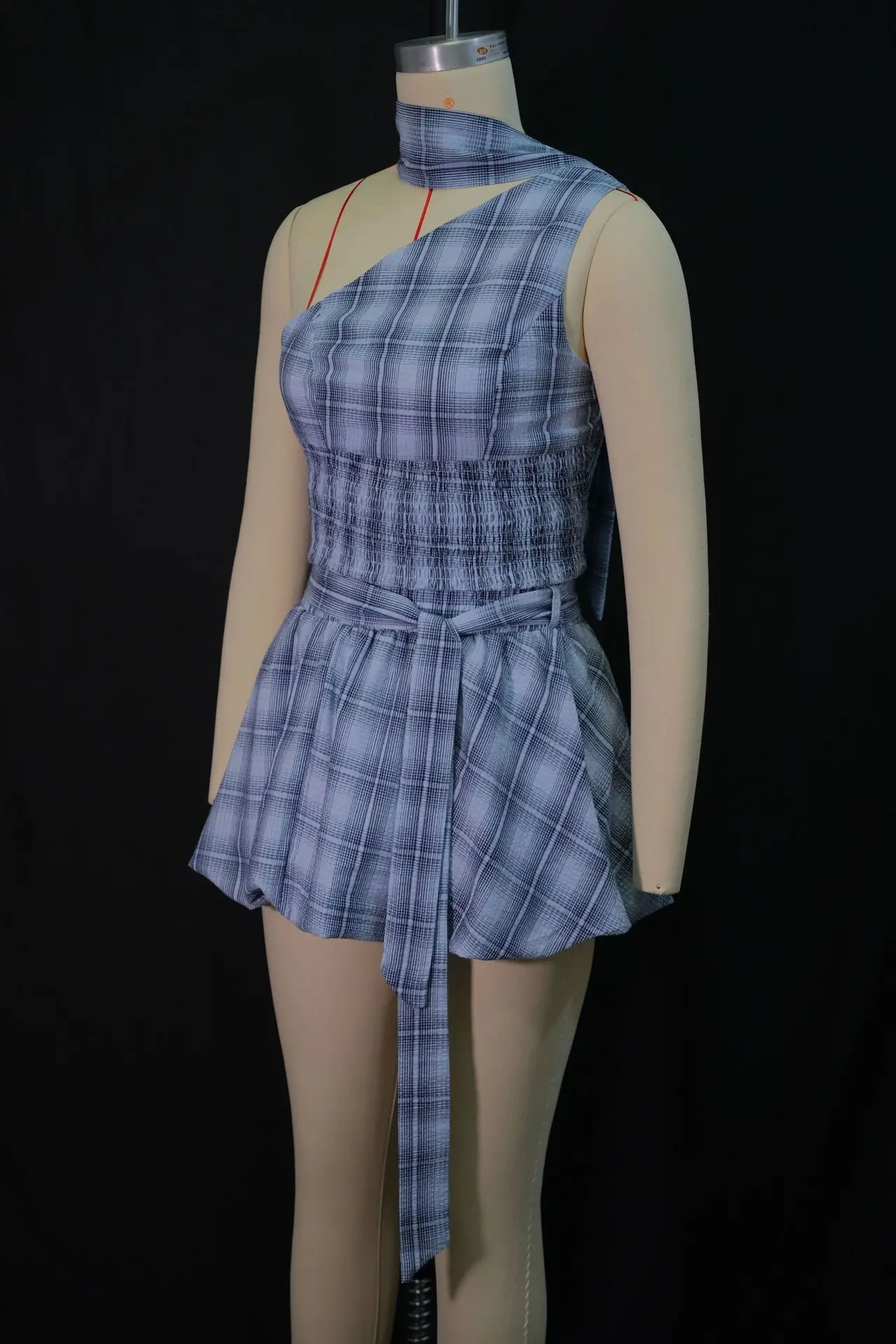Women Y2K 2 Piece Bubble Skirt Outfit Set Off the Shoulder Plaid Halter Tank Top and Puff Mini Skirt with Belt Party Clubwear