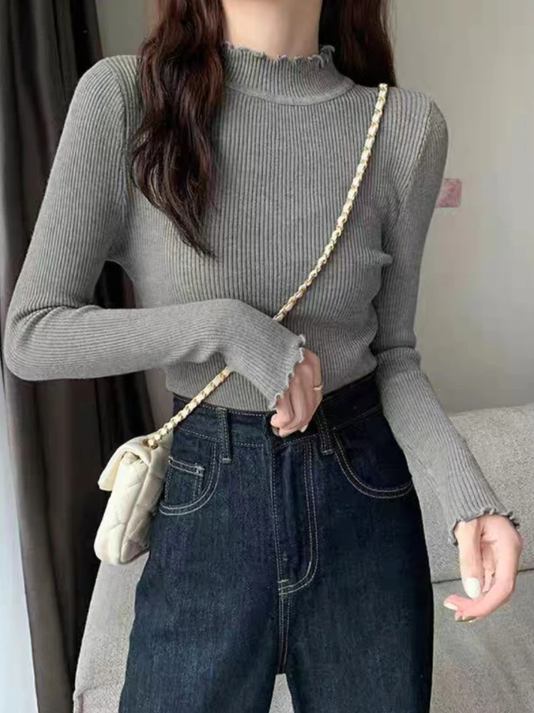 

Осень-зима 2022, простые топы с базовым слоем, женский вязаный свитер, водолазка с деревянными ушками, пуловеры с длинными рукавами, женская одежда