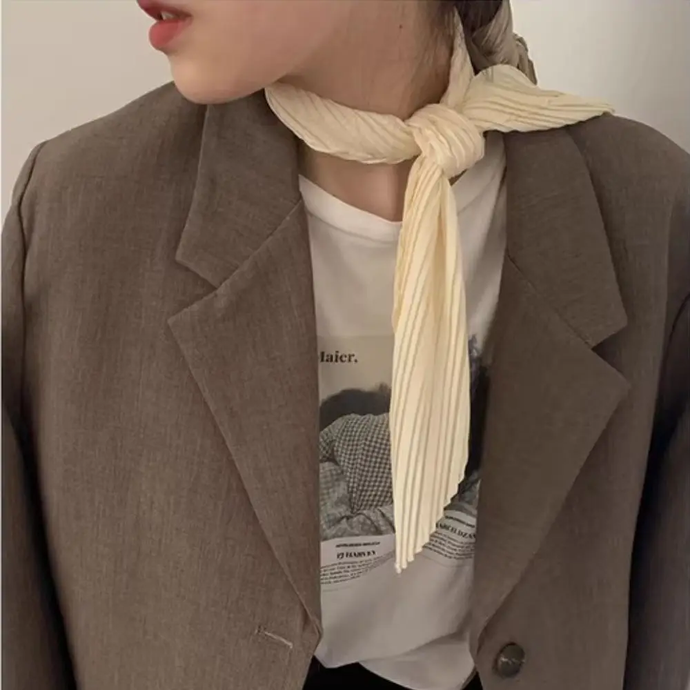 Skinny Pleated Satin Scarf Hair Scarf For Women Silk Satin Headscarf Neckerchief Foulard Scarves Decorative Solid Color Headband