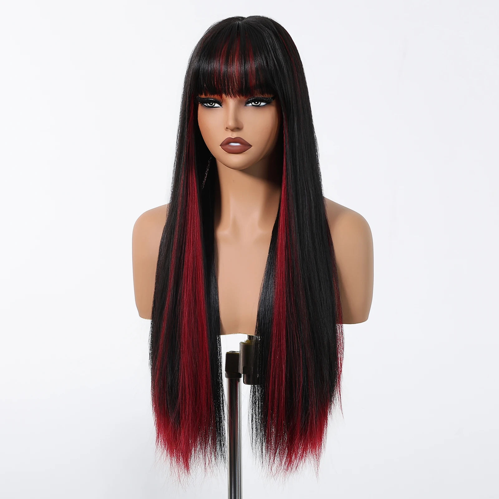 ALAN EATON Black Red Highlight Synthetic Wigs Long Silk Straight Wig with Bangs Smooth Soft Daily Party Hair Heat Resistant Wig