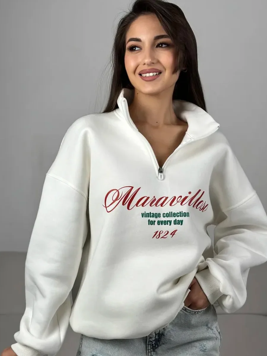 3 สีคอปกครึ่งเปิดซิปเสื้อกันหนาวอเมริกา Retro Letter พิมพ์เสื้อแขนยาวฤดูใบไม้ร่วงฤดูหนาวหลวมสบายๆ