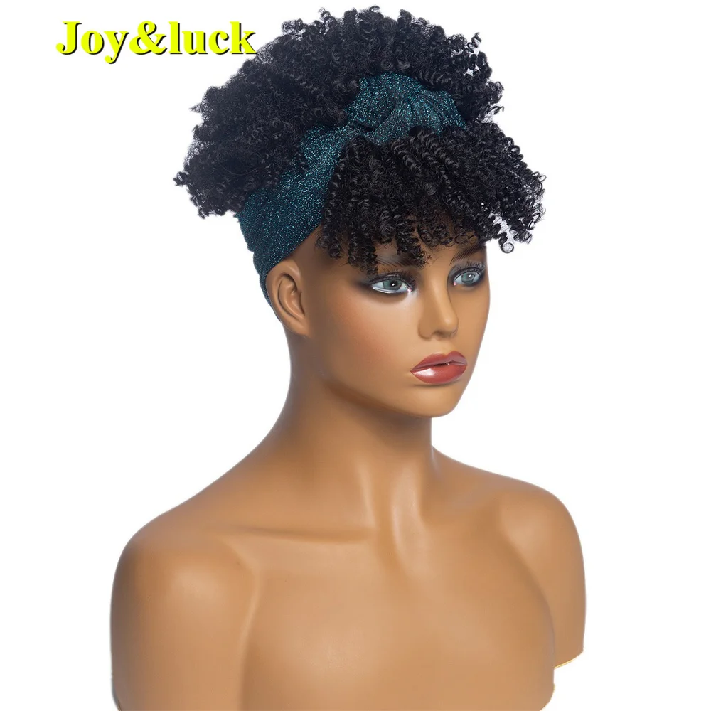 Synthetic Black Headband Wig Short Brown Linen Afro Kinky Curly Wigs With Bangs For Women Daily Use Hair