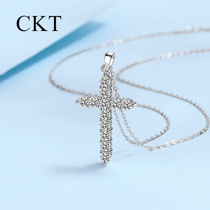 18K White Gold Platinum Cross Pendant Pt950 Necklaces for Women 0.36-3.6 Carat Moissanite Chain Sparkling Wedding Jewelry