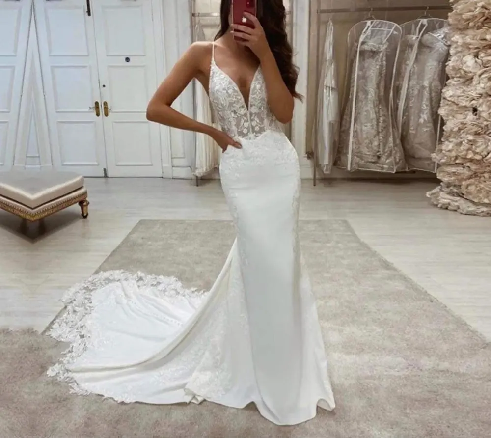 

ANGELSBRIDEP Mermaid Wedding Dress Robe De Soirée De Mariage Sexy Appliques Court Train Spaghetti Spaghetti Strapes Bride Gowns