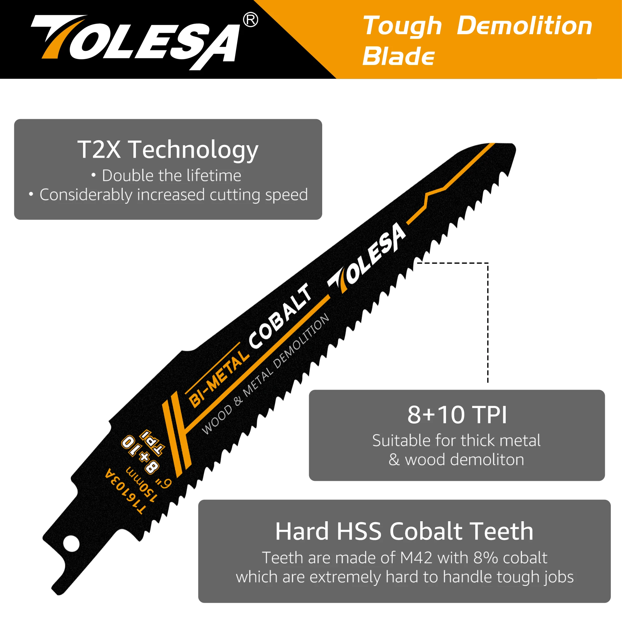 TOLESA 5 pièces lames de scie alternative de 6 pouces, lames de scie 8 + 10TPI, lames de scie alternative de démolition du métal et du bois, pour la coupe