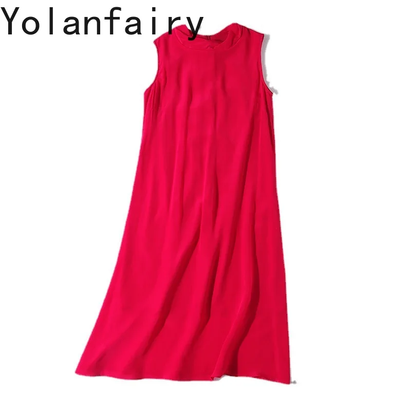 

YOLANFAIRY 14mm100% Real Mulberry Silk Summer Dresses Woman Elegant Sleeveless Red Dress 2025 Fashion Lace-up Loose Dress платье