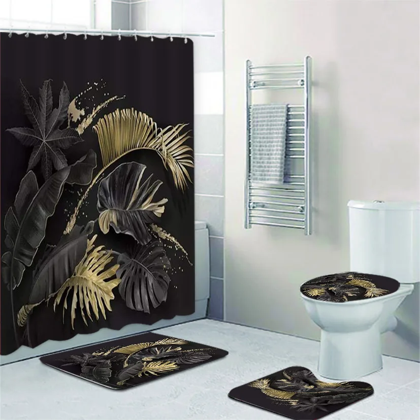 Imagem -04 - Ouro Tropical Planta Folha de Palmeira Cortina de Chuveiro do Banheiro Conjunto para Banheira Folhas Exóticas Tapetes Banho Casa Decoração Preto e