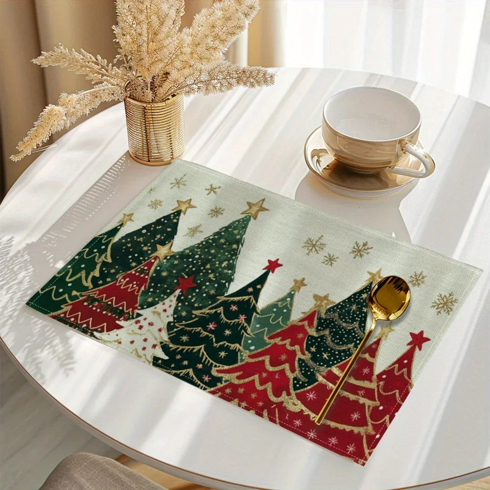 

1PC Christmas Tree and Snowflake Placemat Retro Linen Heat Resistant Table Mat for Family Party Festive Celebration Decor Use