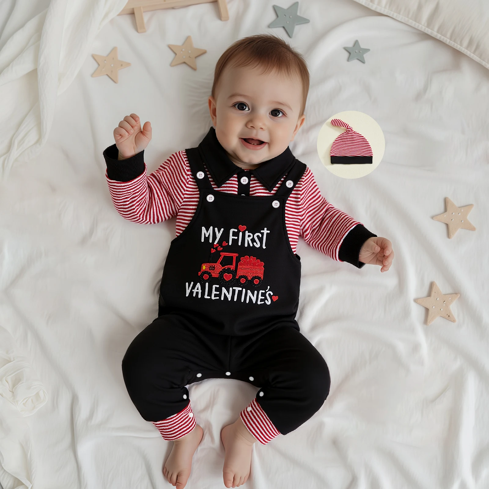 

Одежда для малышей, наряды на День святого Валентина для мальчиков, полосатый комбинезон с длинными рукавами и лацканами, комбинезон с вышивкой букв, брюки, шляпа, наряд из 3 предметов