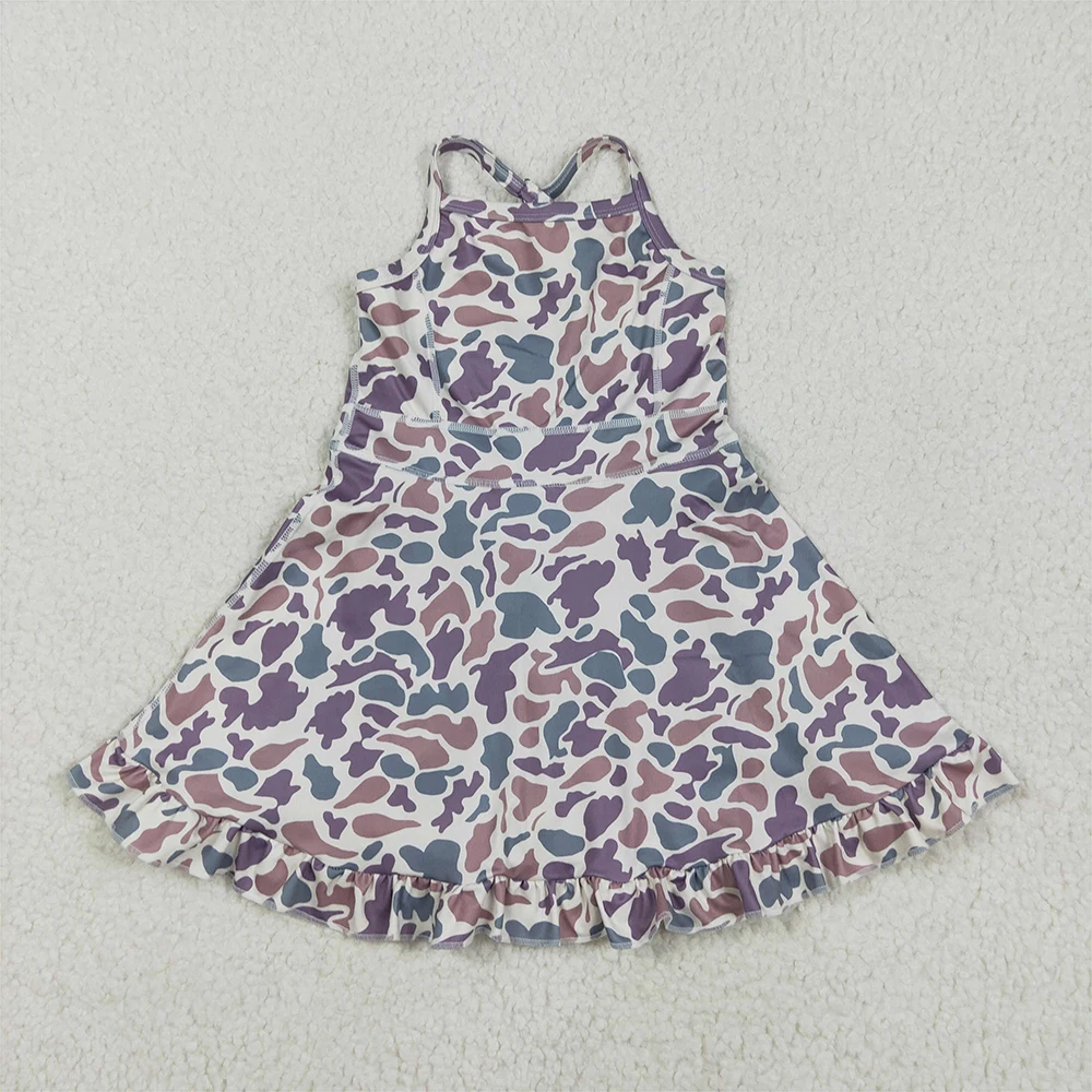 

Baby Girls Purple Camo Ruffle Knee-Length Dress with Straps Yoga Athletic Dress for Little Girls