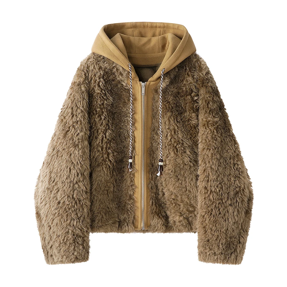 

Women Thick Faux Fur Hooded Jacket Loose Fit Winter Warm Teddy Coat Zip Up Plush Hooded Outerwear Casual Streetwear