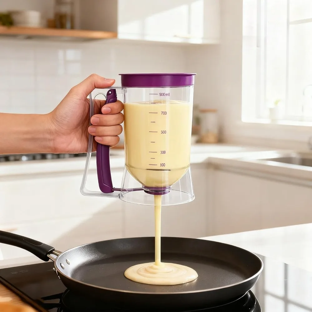 E9 900ml Batter Dispenser + Squeeze Handle Kitchen Gadget for Cupcakes Waffles Pancakes Baked Goods Easy Fill Dispensing Bottle