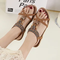 Lucyever Low Heels Bohemian Sandals Women Summer 2022 Crystal Flower Non-slip Sandalias Woman Soft Sole Beach Shoes Plus Size 43