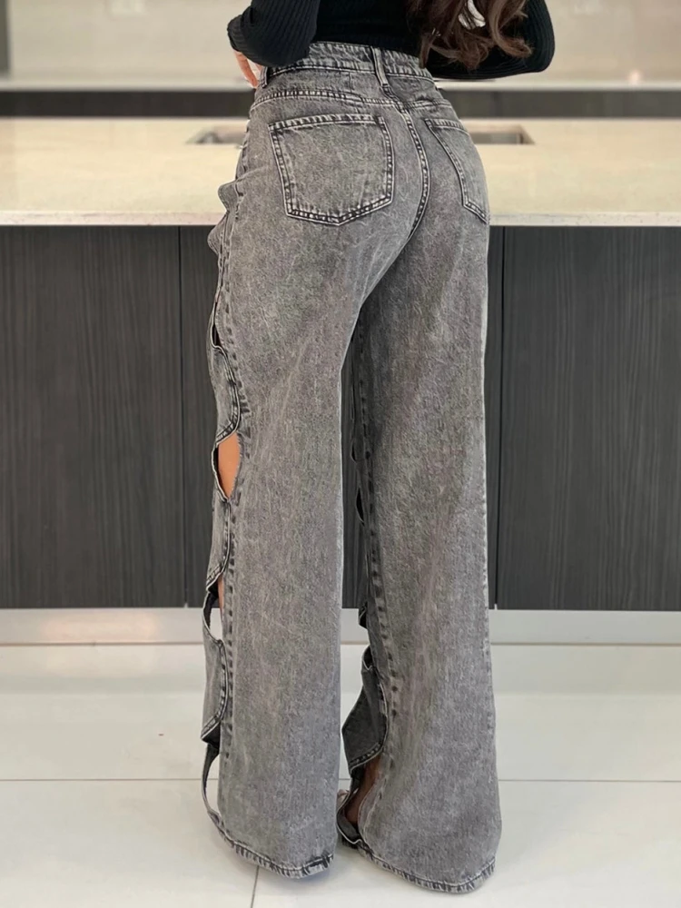 2024 Spring Hollow Out Jeans For Women High Waist Patchwork Zipper Casual Wide Leg Pants Female Fashion Clothing New