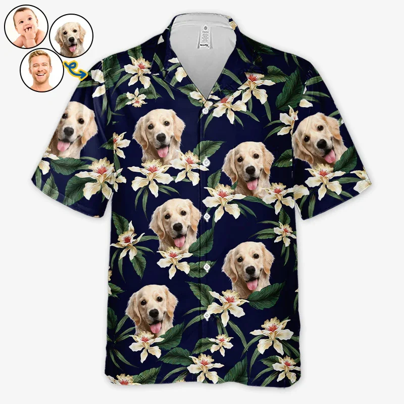

Custom Dog Face Cat Face Unisex Hawaiian Shirt Tropical Leaves Personalized Vacation Beach Shirt Gift For Pet Owners Pet Lovers
