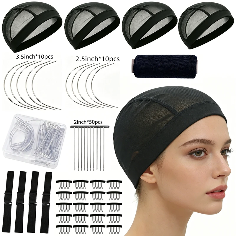 95Pcs Wig Making Kit Black Mesh Dome Wig Caps Hair Weaving Thread T/C Needles Rat Tail Combs Elastic Bands DIY Tools for Women