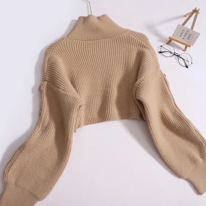 YuooMuoo Chic Fashion Cropped Sweater Tops Women Buttons Long Sleeve Ribbed Knitted Sweaters Warm Turtleneck Pullover Shawls