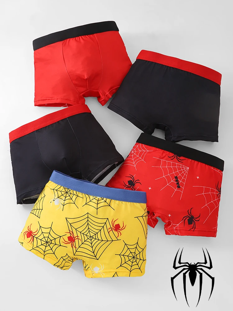 5pcs Boys' Teenage Knitted Spider Animal Print Boxer Shorts Comfortable Skin-Friendly Fabric  Wear All Seasons