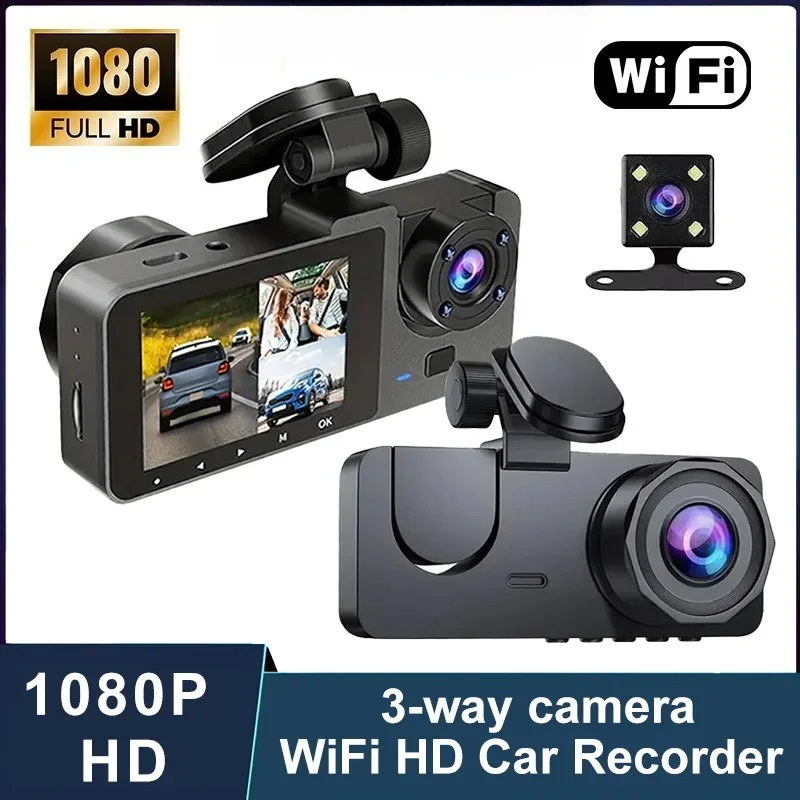 車載録画3チャンネルカーダッシュカムwifiアプリ制御フロントリアキャビントリプルカメラdvr-gセンサー搭載車両運転記録装置