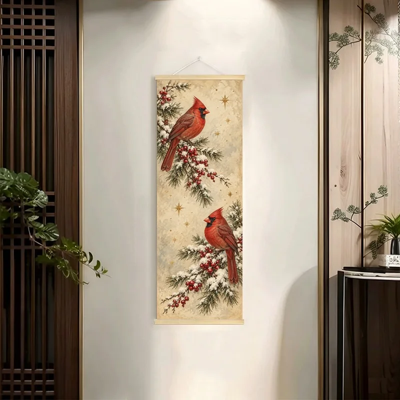 Owl and Red Birds Hanging Scroll with Lanterns and Evergreen Branches in a Vintage Christmas Style for a Living Room