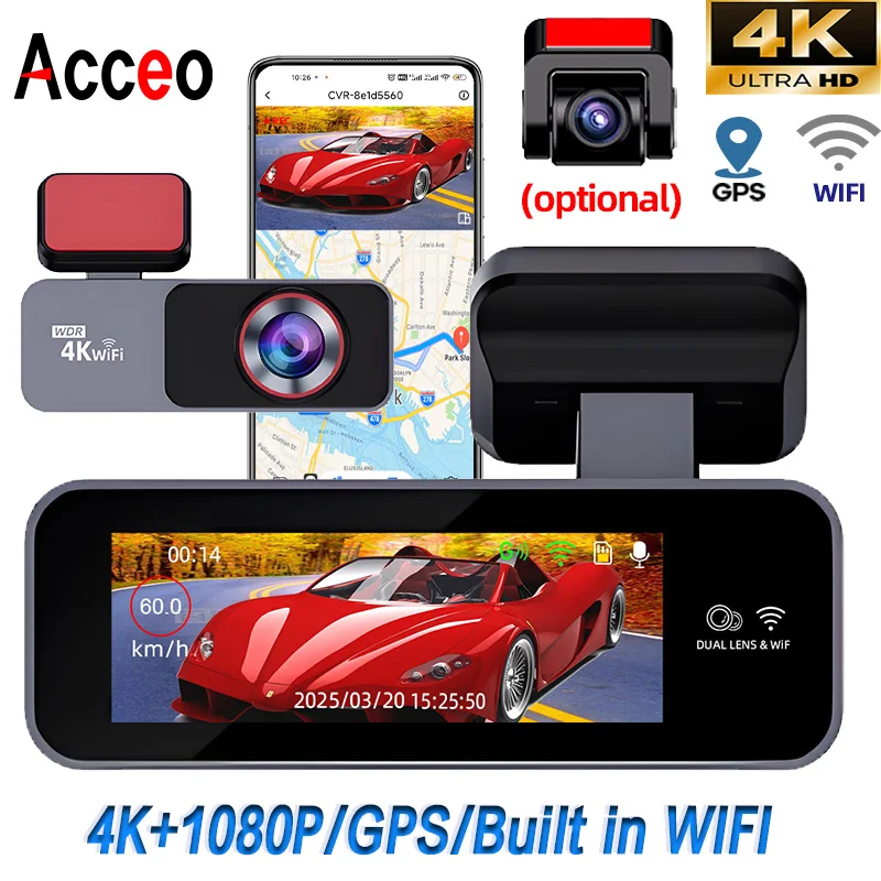 Acceo 4K Ultra HD Dash Cam Built-in WiFi Car DVR Recorder Support 1080P Rear Camera Dual Lens Night Vision 24H Parking Monitor