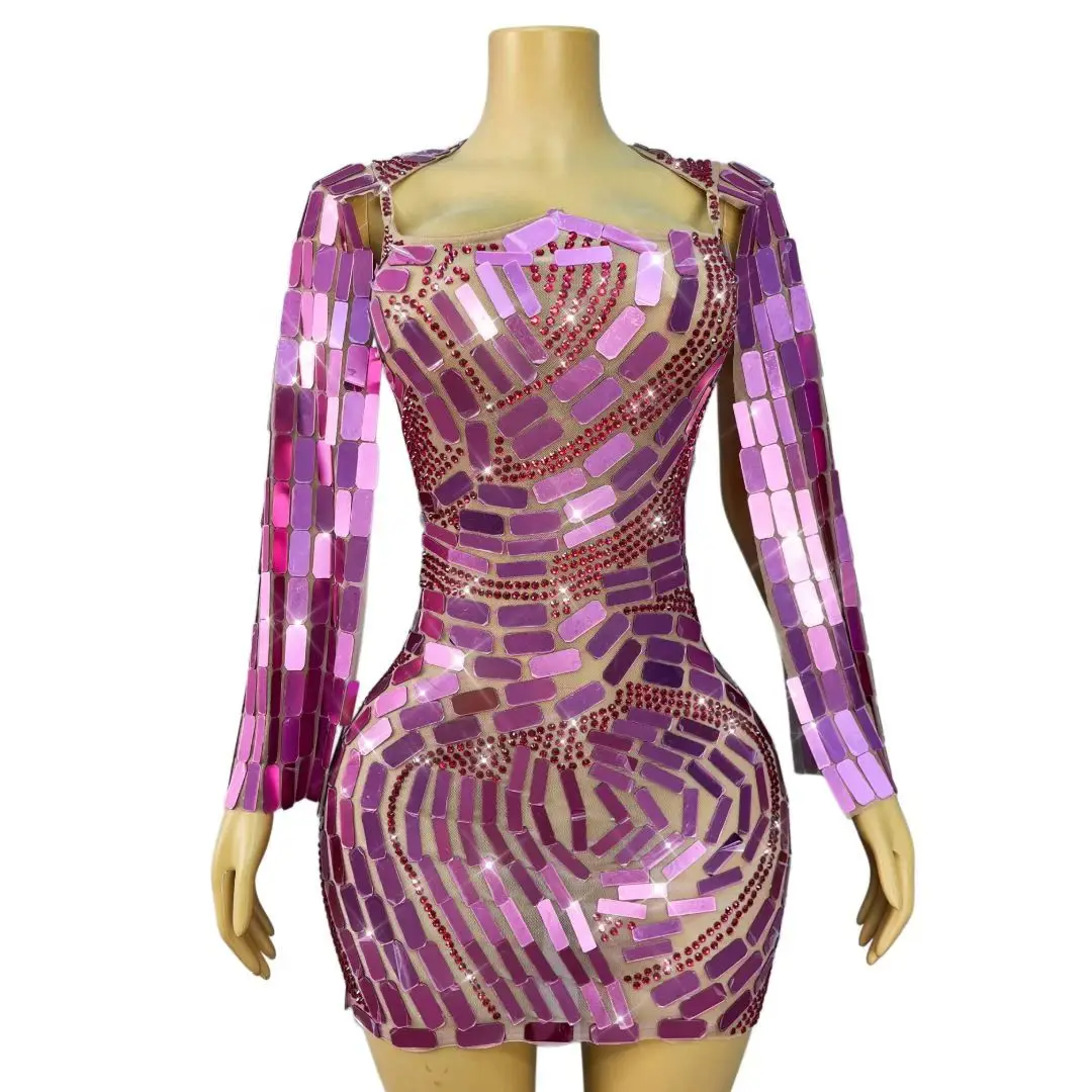 Boke Women Sparkly Ombre Fuchsia Mirror Sequins Mesh Mini Dress Long Sleeve Square Neck Music Festival Rave Outfit