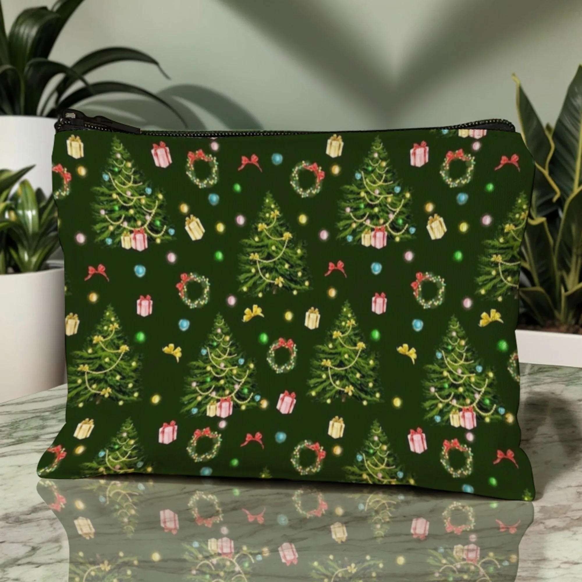 Christmas Joy Cosmetic Bag Celebration Festive Tree & Gift Motif Red & Gold Accents for Holiday Parties & Gift Exchanges