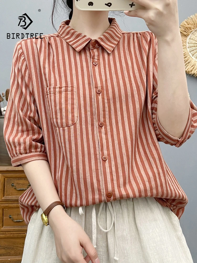 

New 2025 Summer Cotton Yarn Half Sleeve Shirt, Women Turn-down Collar Striped, Mori Girl Comfortable Soft Loose Blouse T55946CC