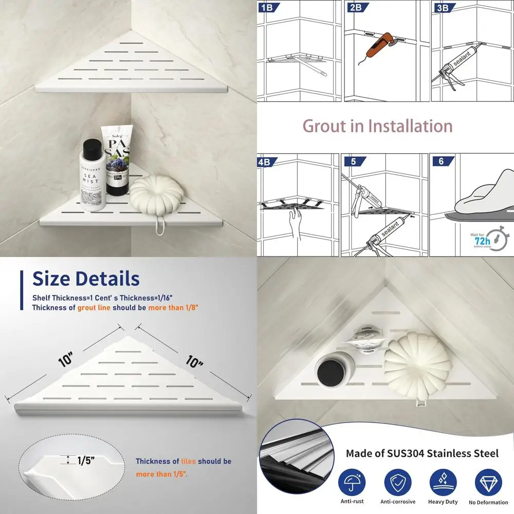 

10 Dual Stainless Steel Shower Shelves with Tiling Groove for Bathroom, White