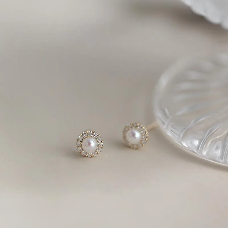 Pendientes de plata de ley S925 para mujer, aretes de perlas con circón redondo exquisito, joyería suave de alta calidad, regalo para ocasión diaria